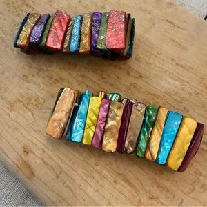 Vintage Rainbow Stretch Shell Bracelet  Abalone Mother Of Pearl Cuff Bundle